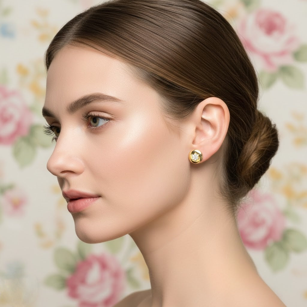 Polished Dome Diamond Gold Earrings