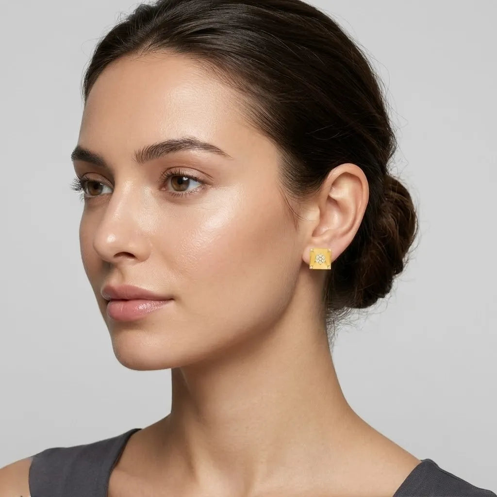 Square Floral Diamond Gold Earrings