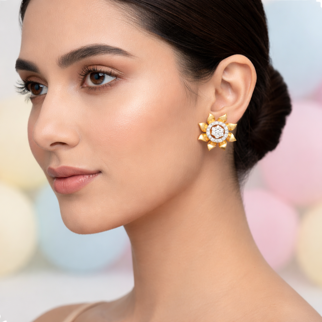 Radiant Sunflower Halo Diamond Gold Earrings