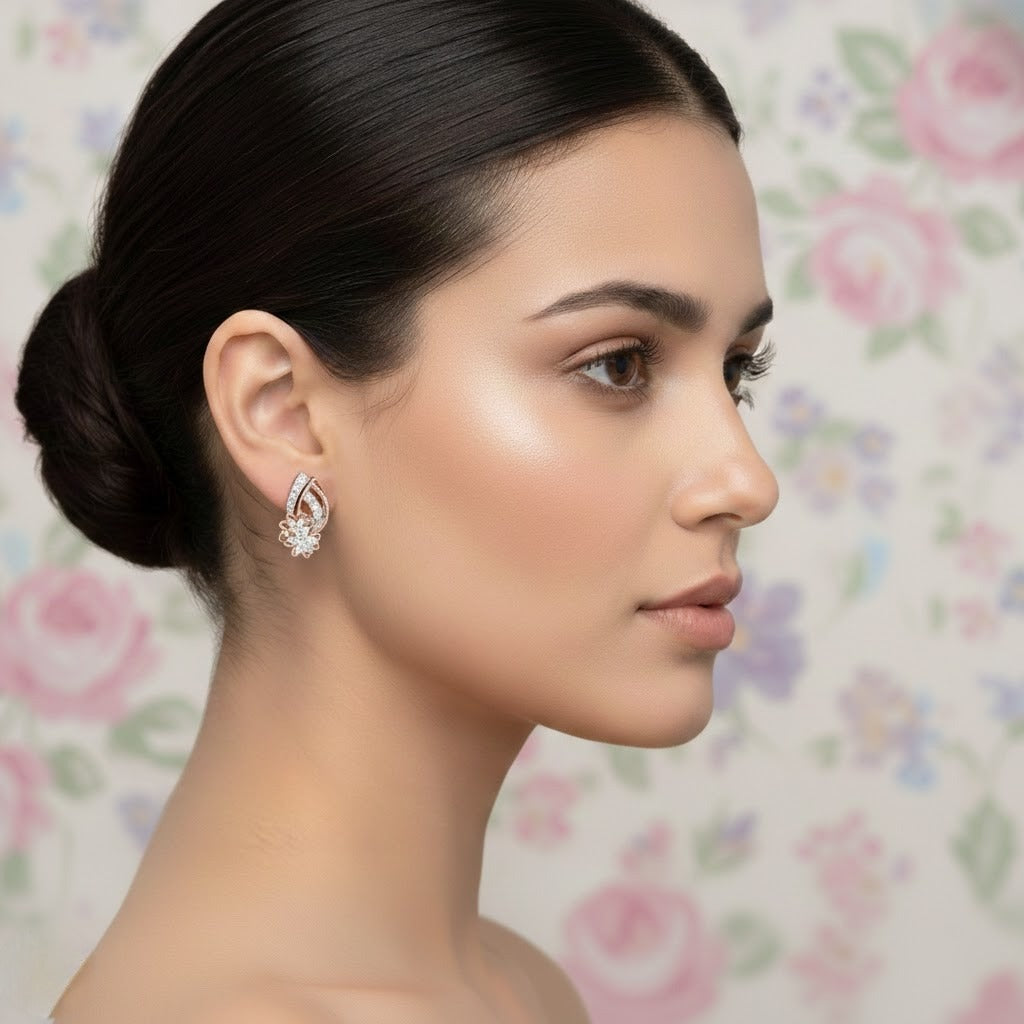 Gold Floral Curve Diamond Earring