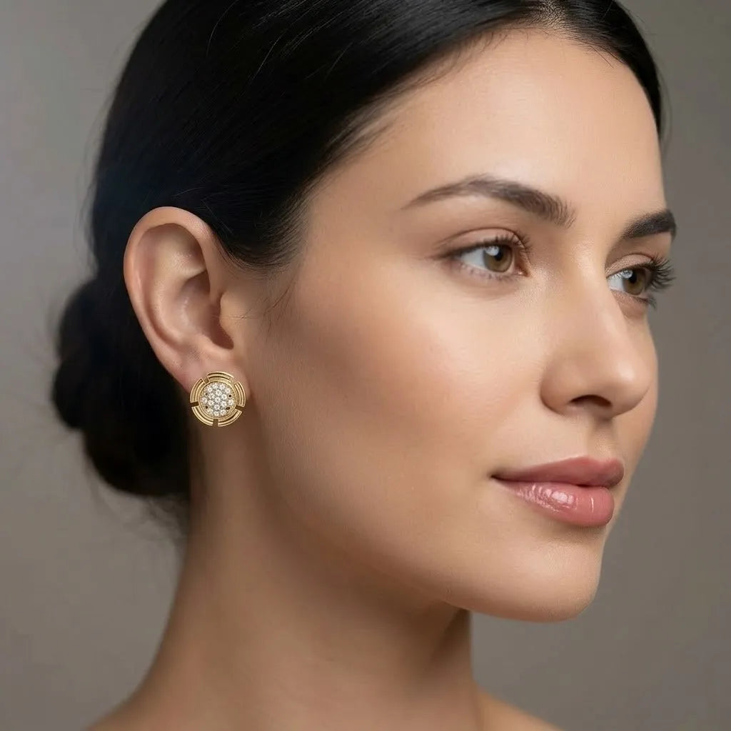 9K Yellow Gold Circular Diamond Earrings for Women by TTJ Jewellery
