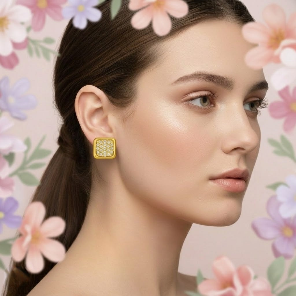 Gold Square White Diamond Earring