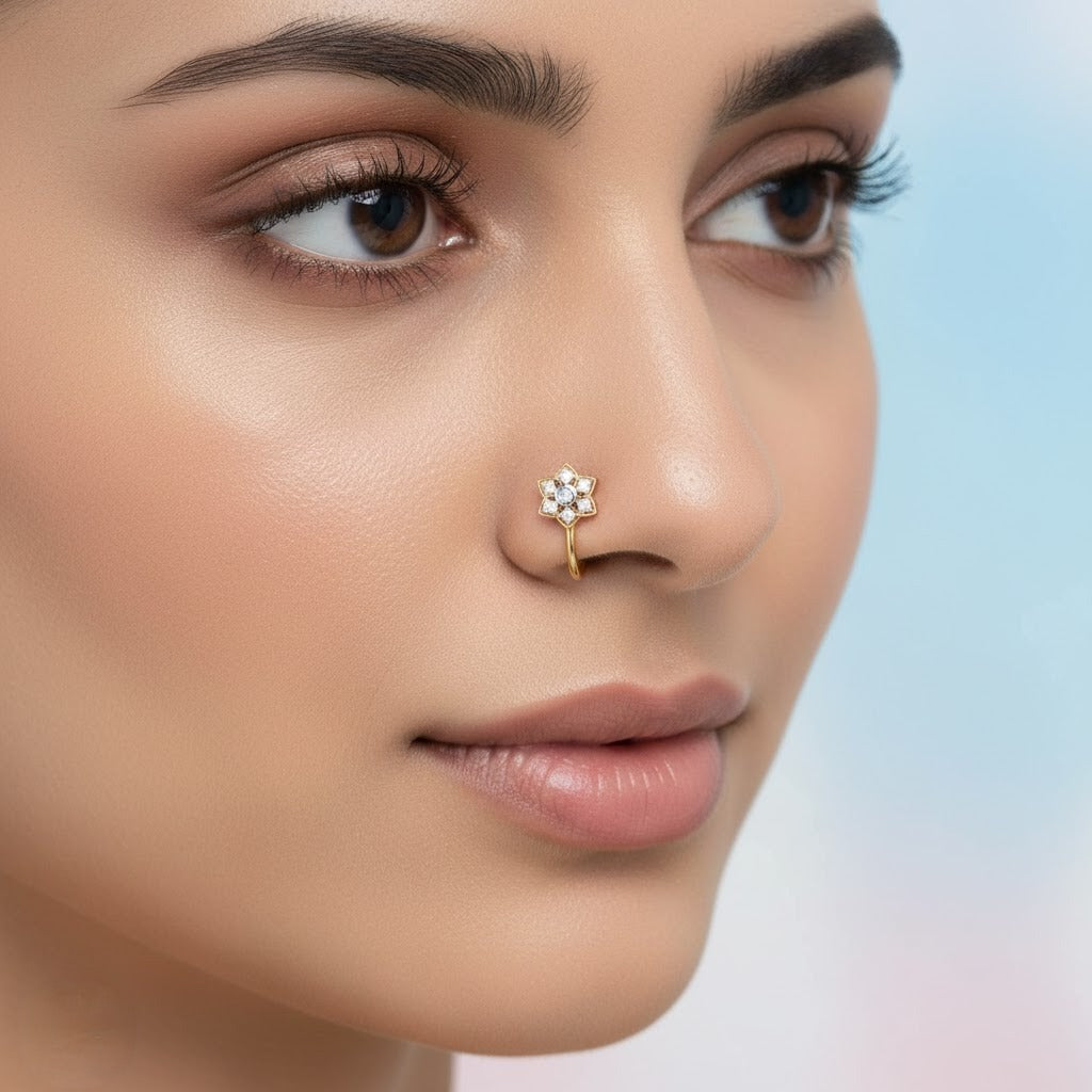 Graceful Blossom Star Halo Design Diamond Gold Nose Pin