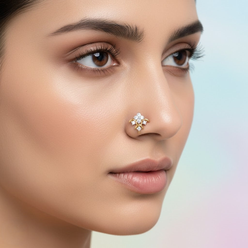Floral Layers Diamond Gold Nose Pin
