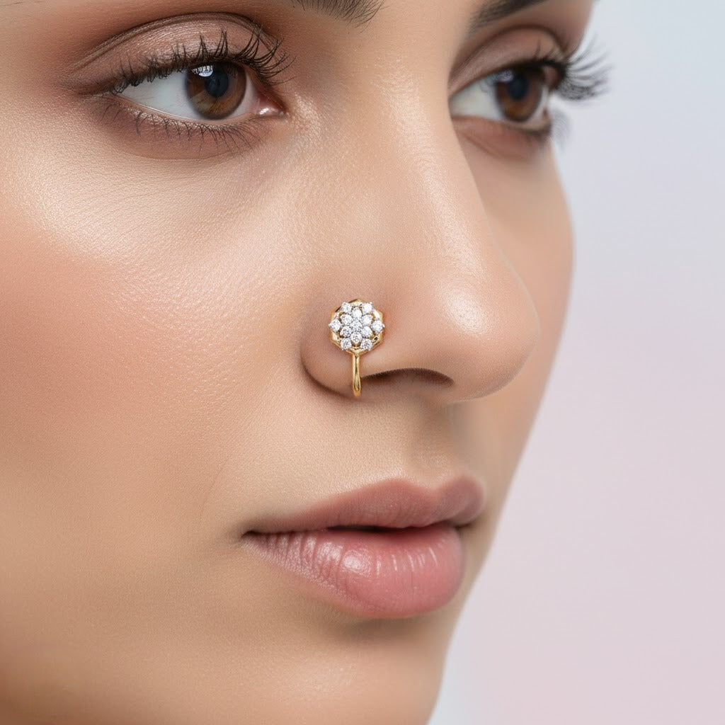 Brilliant Round Blossom Diamond Gold Nose Pin
