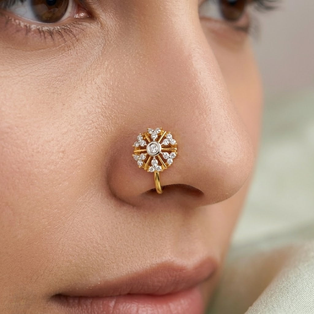 Radiant Sunburst Floral Spark Diamond Gold Nose Pin