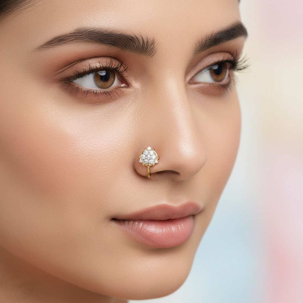Elegant Crown Floral Diamond Gold Nose Pin