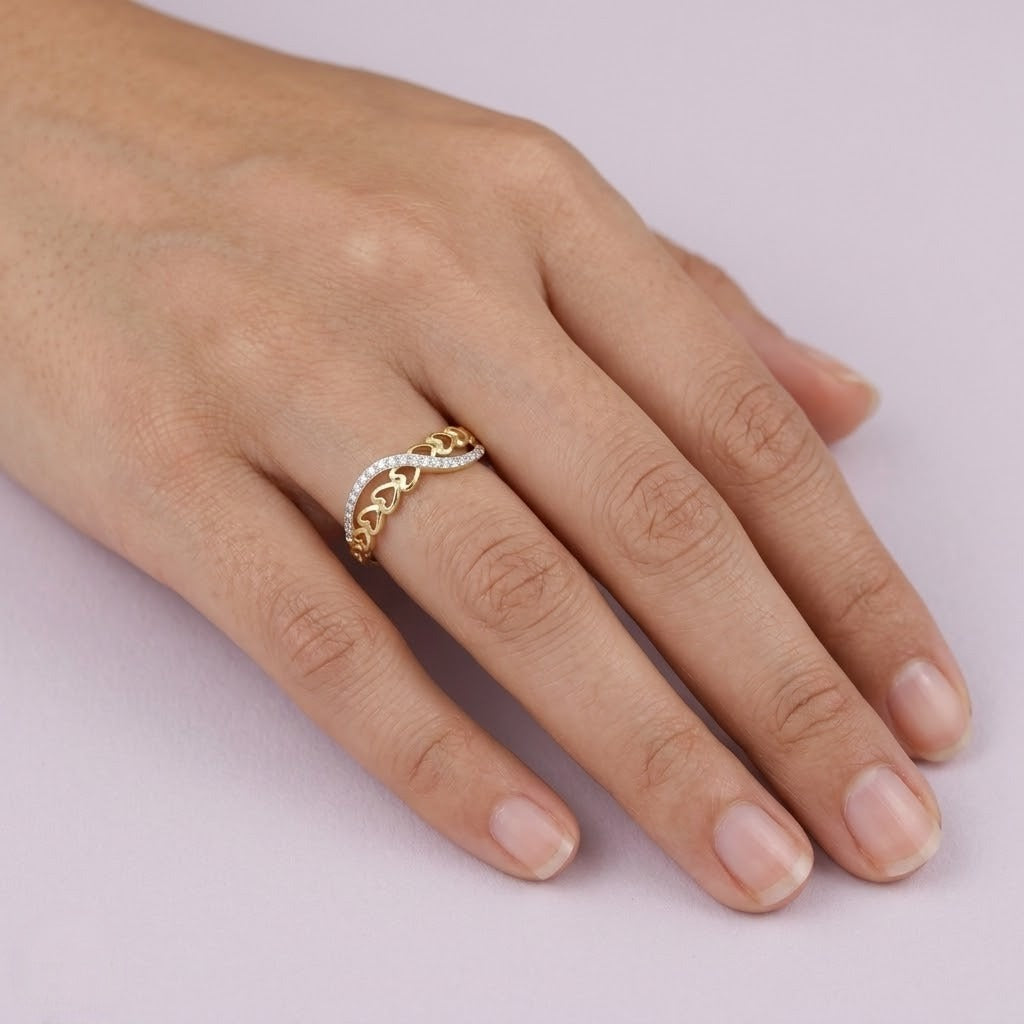 Infinity Twist Leaf Pattern Sparkle Diamond Gold Ring