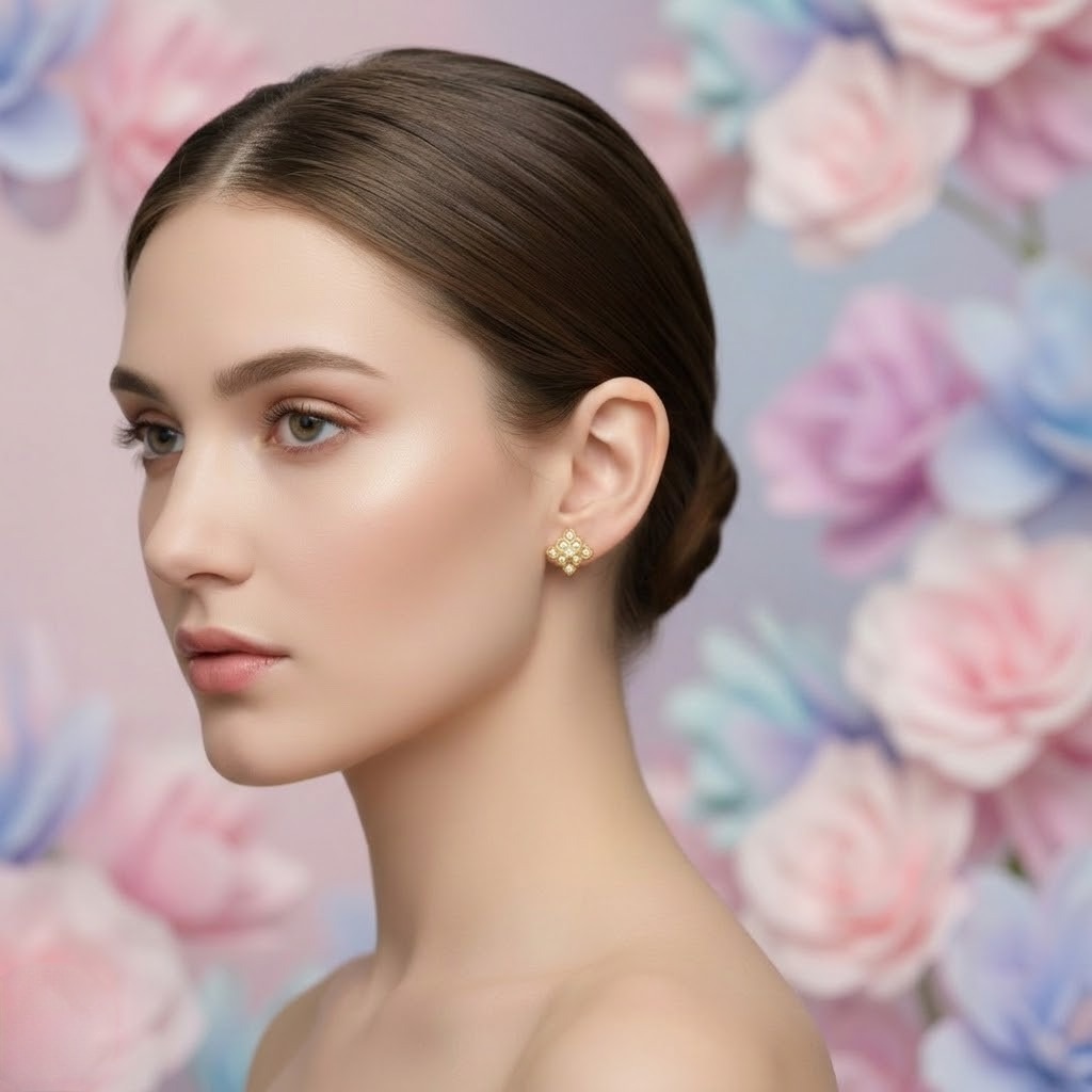 Ornate Floral Quatrefoil Diamond Gold Earrings