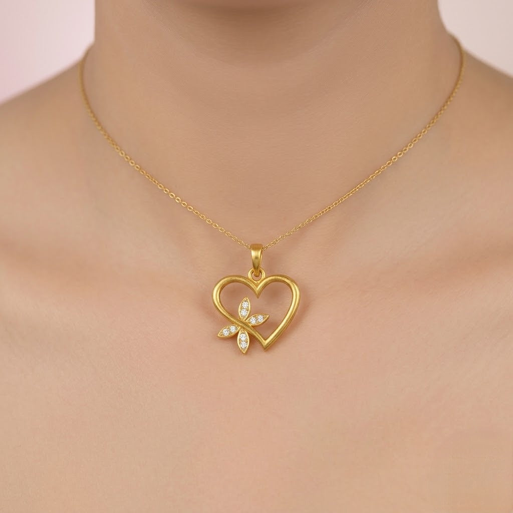 Heart Bloom Butterfly Charm diamond gold pendant