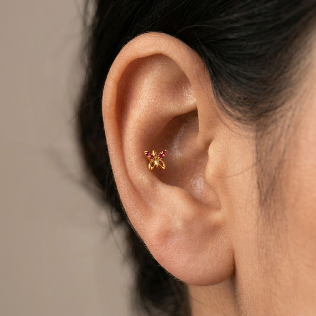 9K Gold Ruby Butterfly Second Stud Earrings