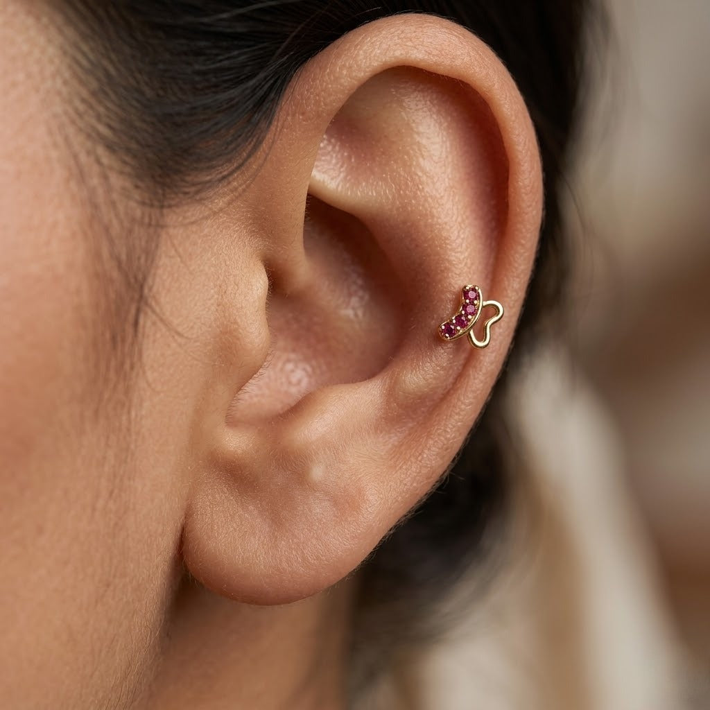 9K Gold Ruby Curve Butterfly Second Stud Earrings
