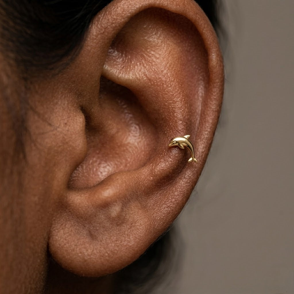9K Gold Dolphin Charm Second Stud Earrings