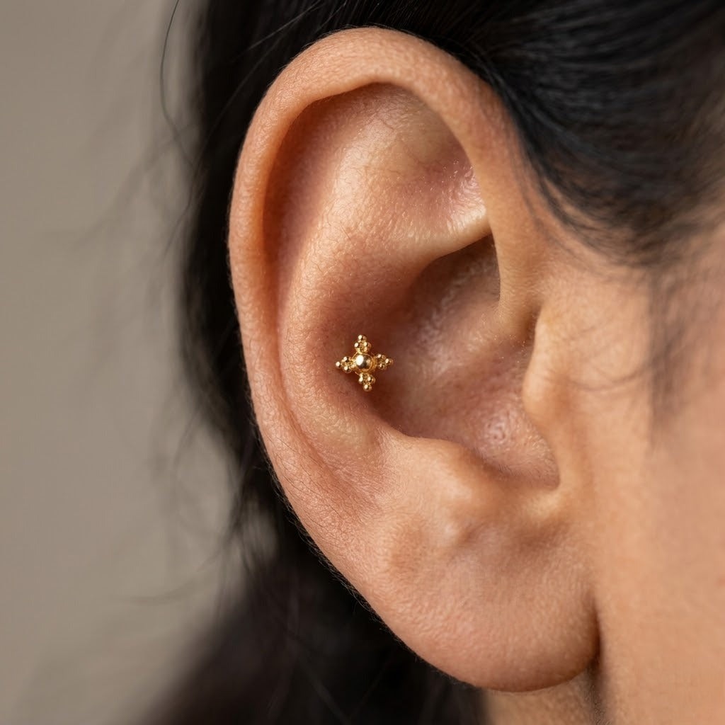 9K Gold Beaded Cross Second Stud Earrings