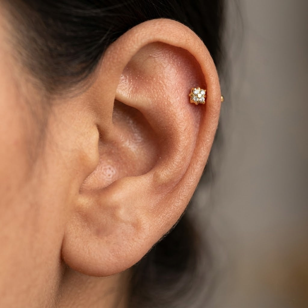 9K Gold Square Crystal Flower Second Stud Earrings