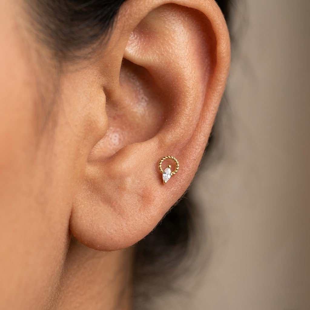 9K Gold Marquise Solitaire Hoop Second Stud Earrings