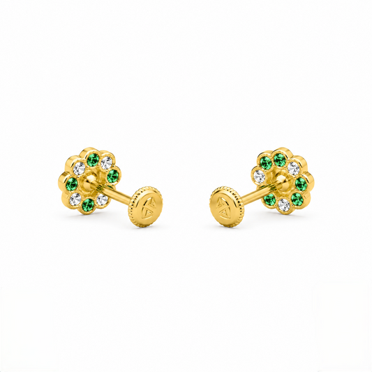 9K Gold Pearl Emerald Floral Second Stud Earrings