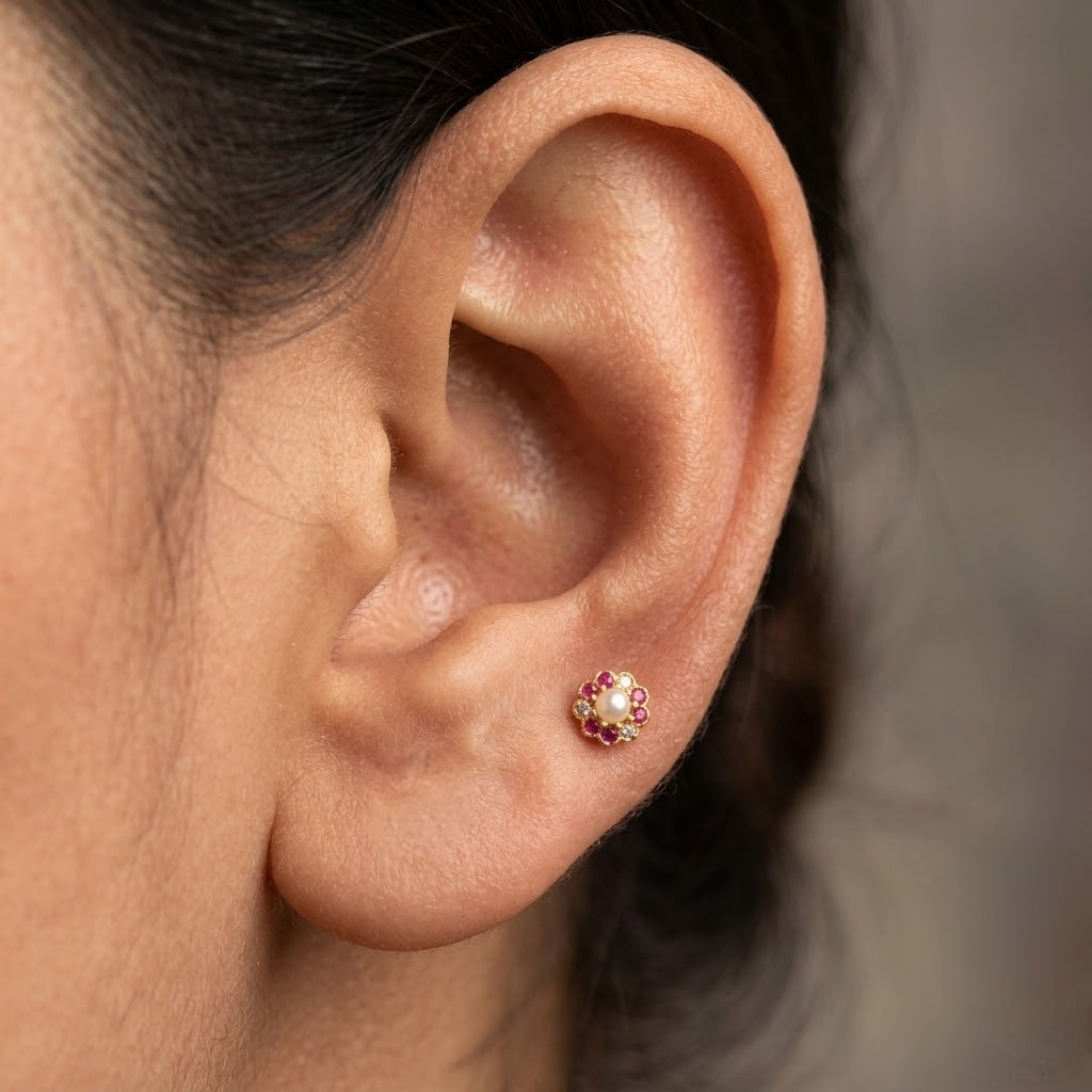 9K Gold Pearl Ruby Floral Second Stud Earrings
