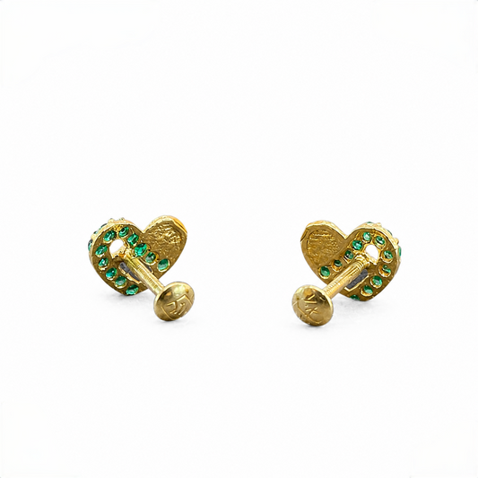 9K Gold Emerald Ribbon Heart Second Stud Earrings