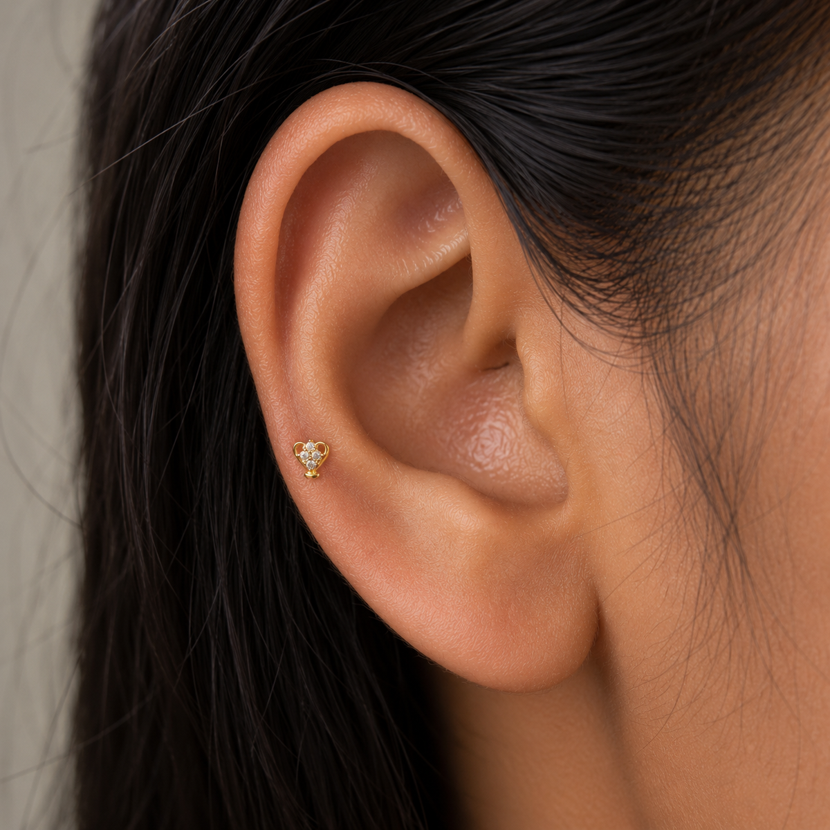 9K Gold Crystal Heart Curl Second Stud Earrings