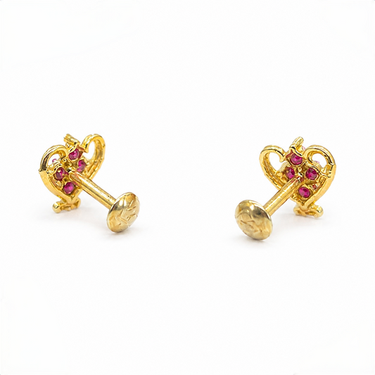 9K Gold Ruby Heart Curl Second Stud Earrings
