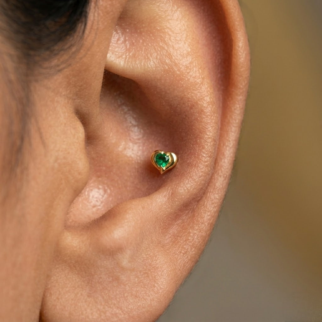 9K Gold Emerald Heart Solitaire Second Stud Earrings