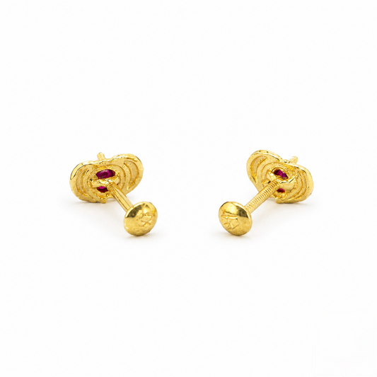 9K Gold Ruby Heart Crown Second Stud Earrings