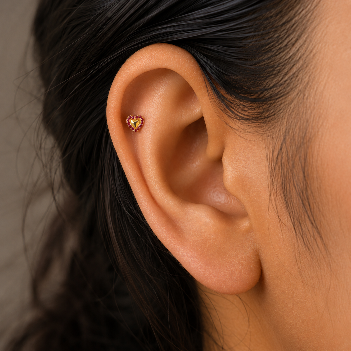 9K Gold Ruby Halo Heart Second Stud Earrings