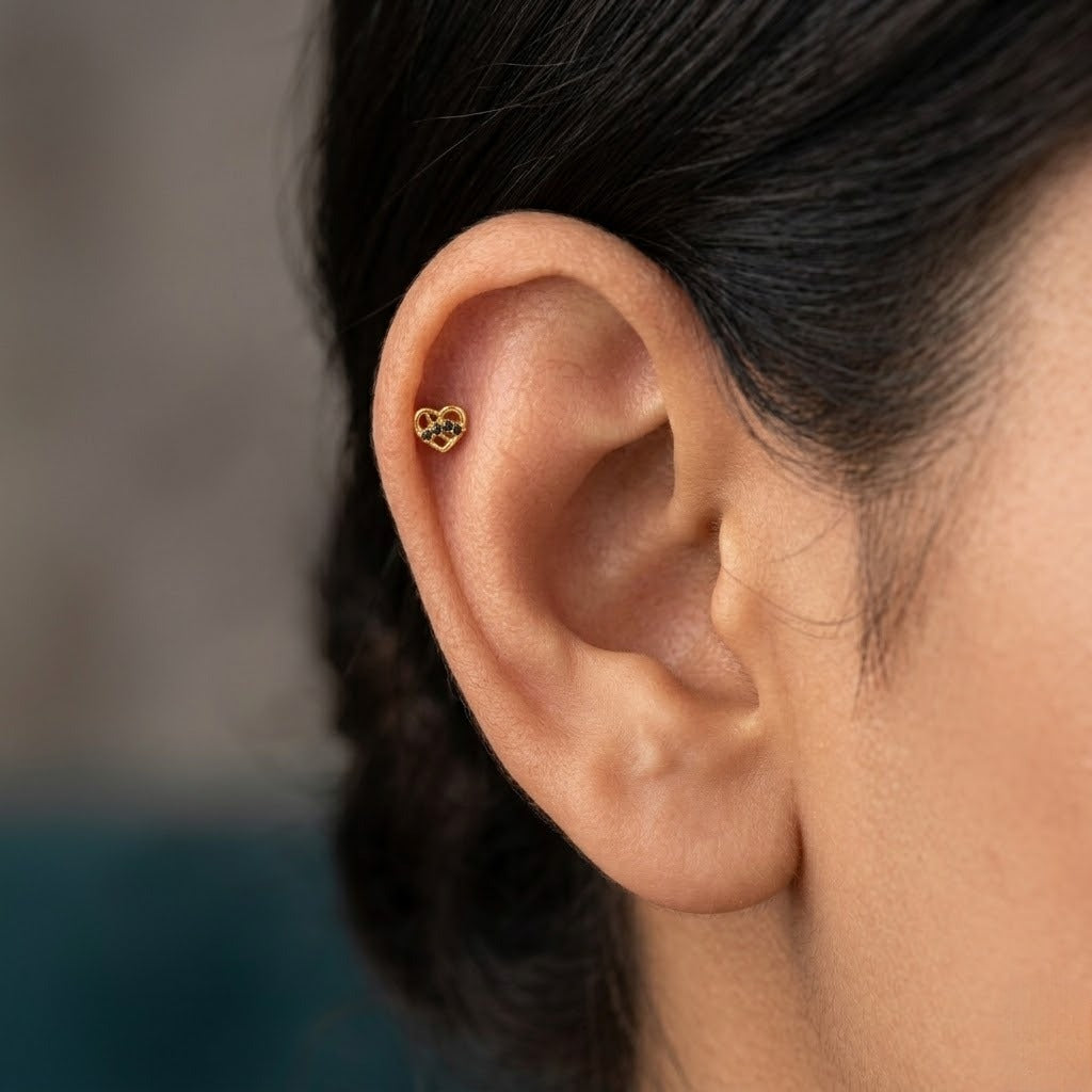 9K Gold Black Stone Love Knot Heart Second Stud Earrings