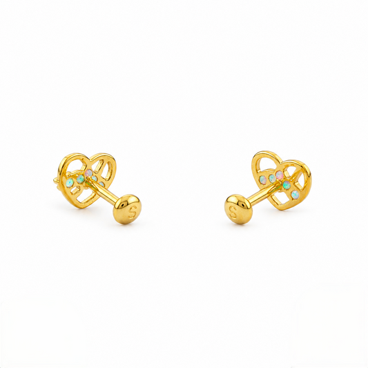 9K Gold Emerald Love Knot Heart Second Stud Earrings