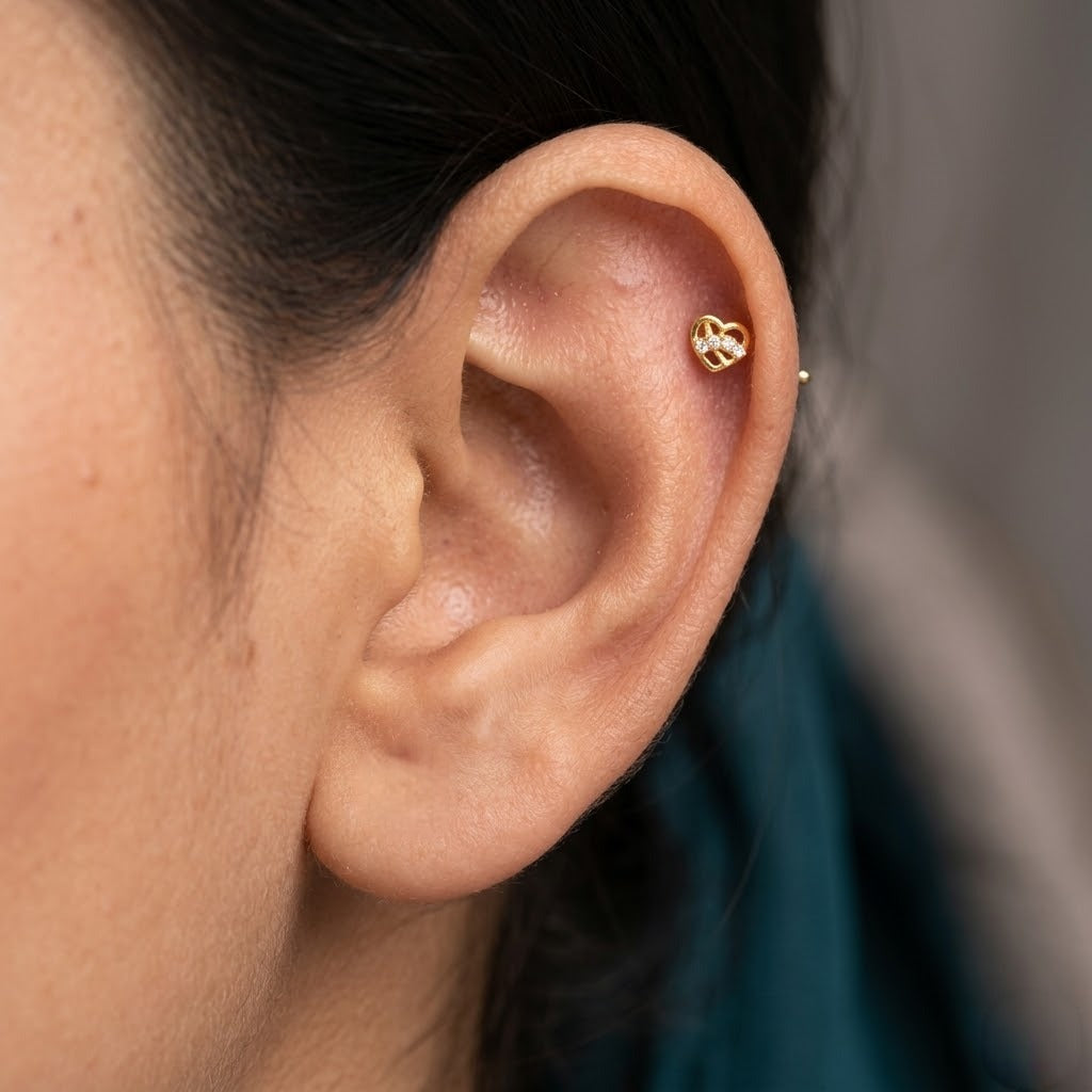 9K Gold White Stone Love Knot Heart Second Stud Earrings