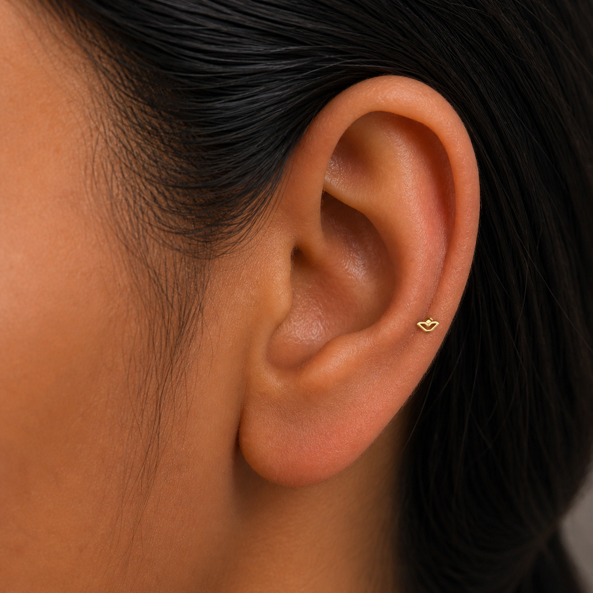 9K Gold Open Leaf Smile Second Stud Earrings