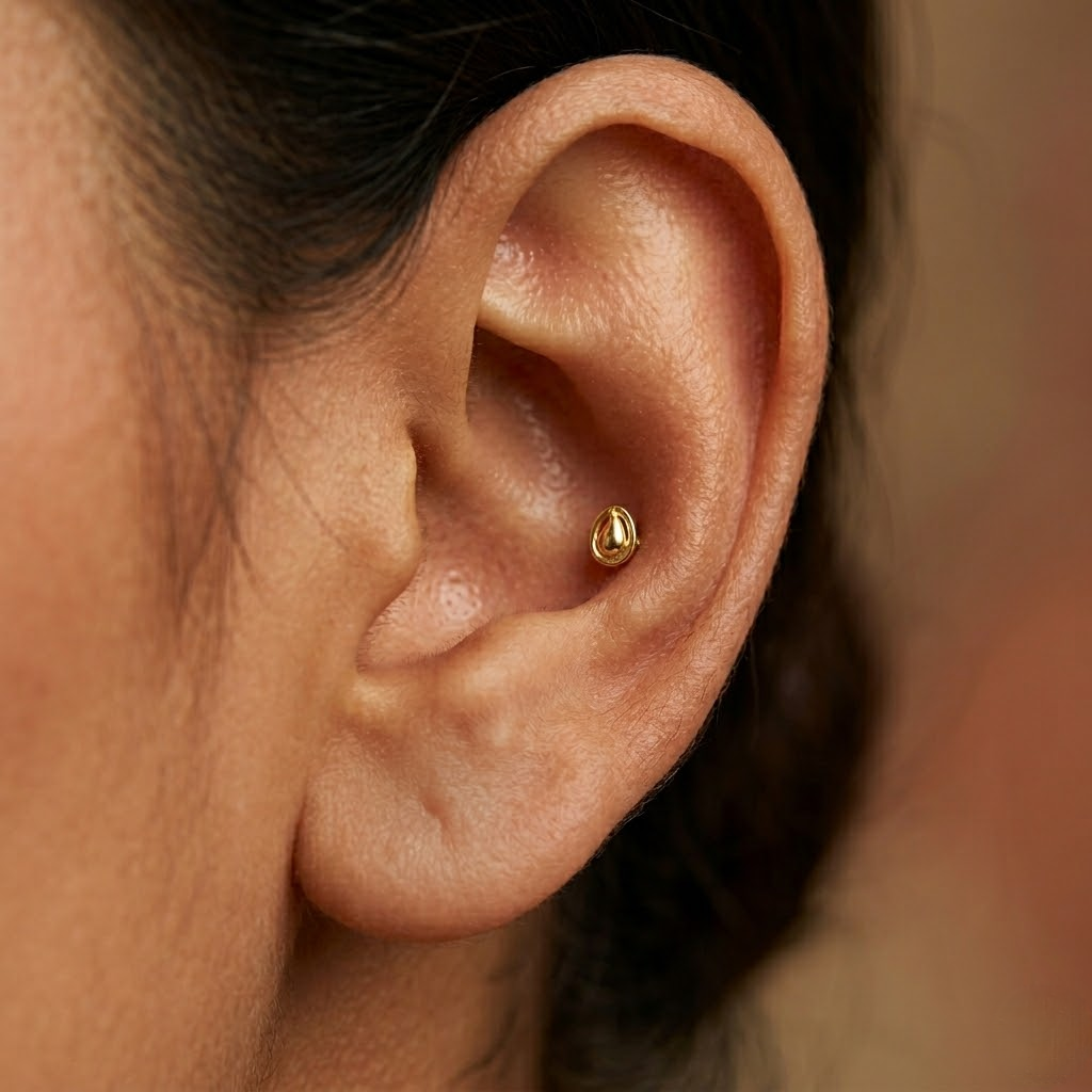 9K Gold Oval Leaf Drop Second Stud Earrings