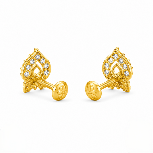 9K Gold white Leaf Motif Second Stud Earrings