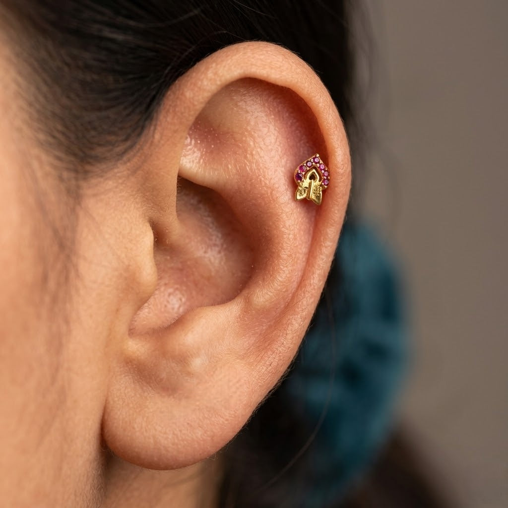 9K Gold Ruby Leaf Flame Second Stud Earrings