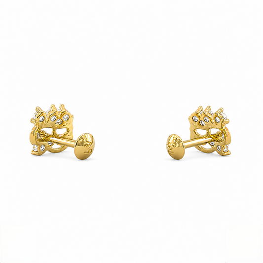 9K Gold White Stone Ornate Crown Second Stud Earrings