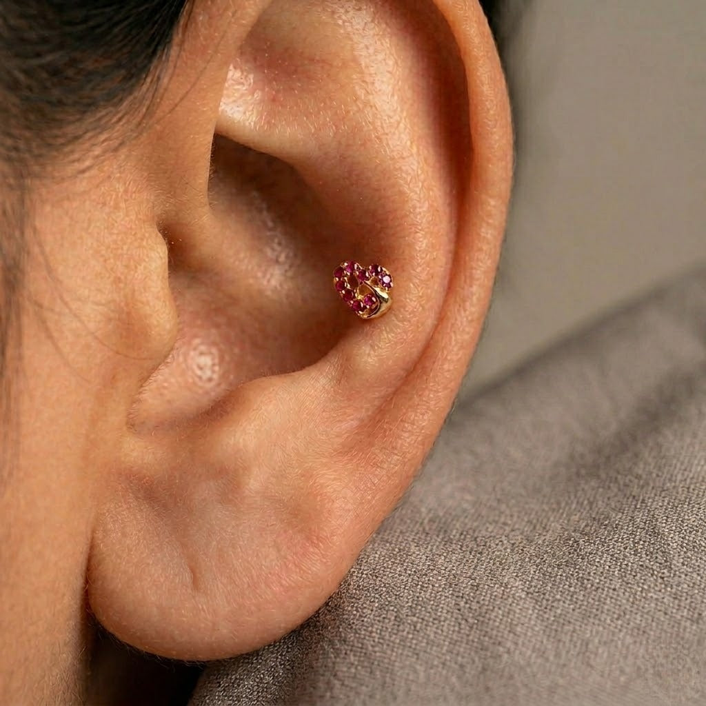 9K Gold Ruby Stone Matt Heart Second Stud Earrings