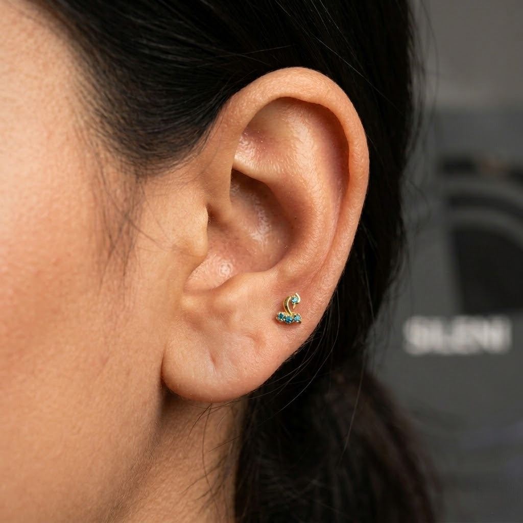 9K Gold Blue Stone Swan Second Stud Earrings