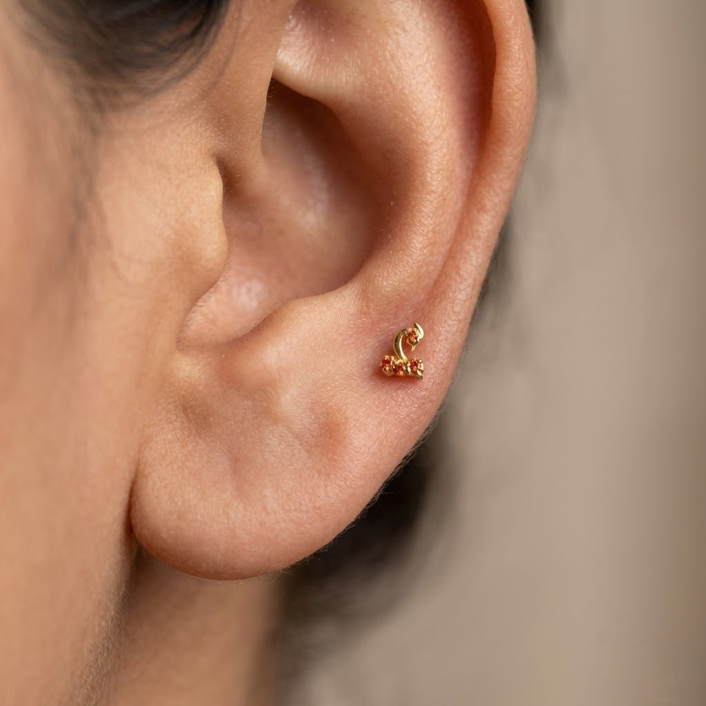 9K Gold Orange Stone Swan Second Stud Earrings
