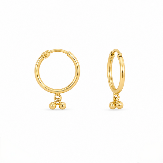 9K Gold Hoop Stud Earrings with Bead Drops