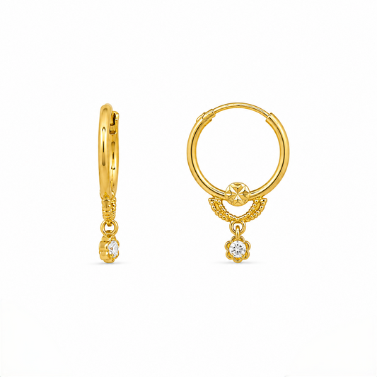 9K Gold Hoop Stud Earrings with Floral Drop