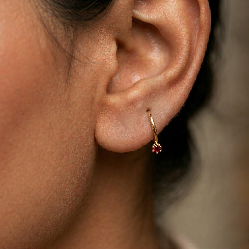 9K Gold Ruby Stone Hoop Stud Earrings
