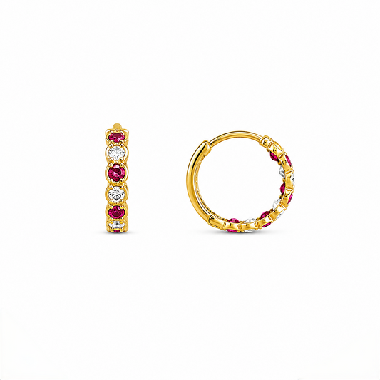 9K Gold Pink and White Stone Hoop Stud Earrings