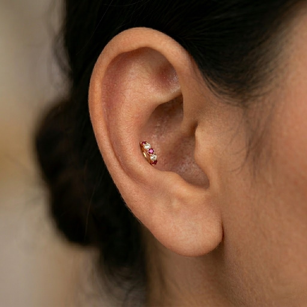 9K Gold Pink and White Stone Hoop Stud Earrings