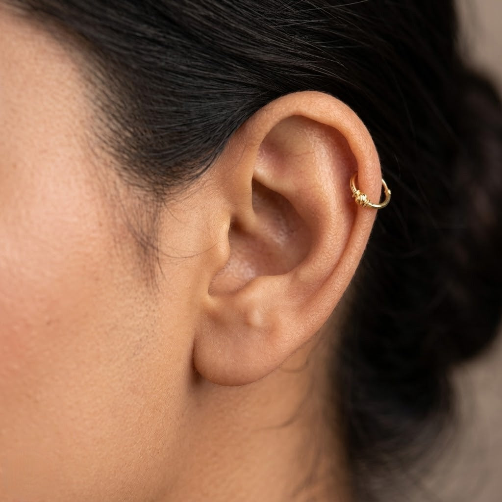 9K Gold Hoop Stud Earrings with Textured Bead Accent