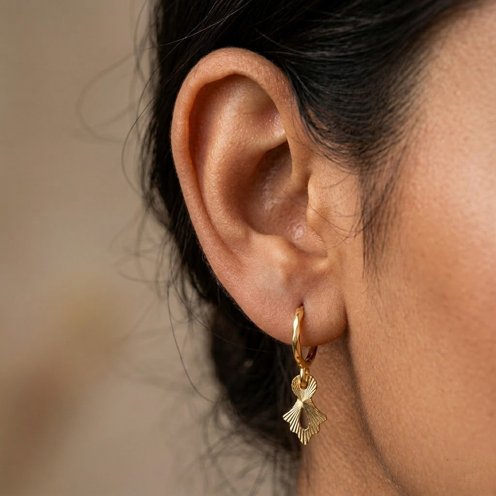 9K Gold Hoop Stud Earrings with Leaf Drop Charm