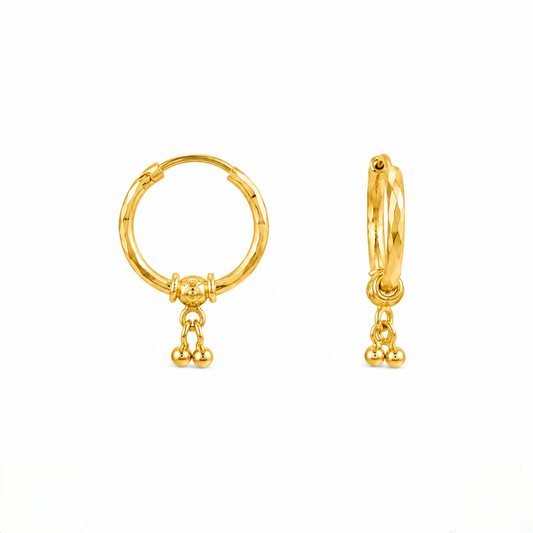 9K Gold Faceted Hoop Stud Earrings with Bead Drops