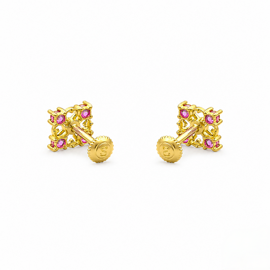 9K Gold Ruby Square Floral Second Stud Earrings