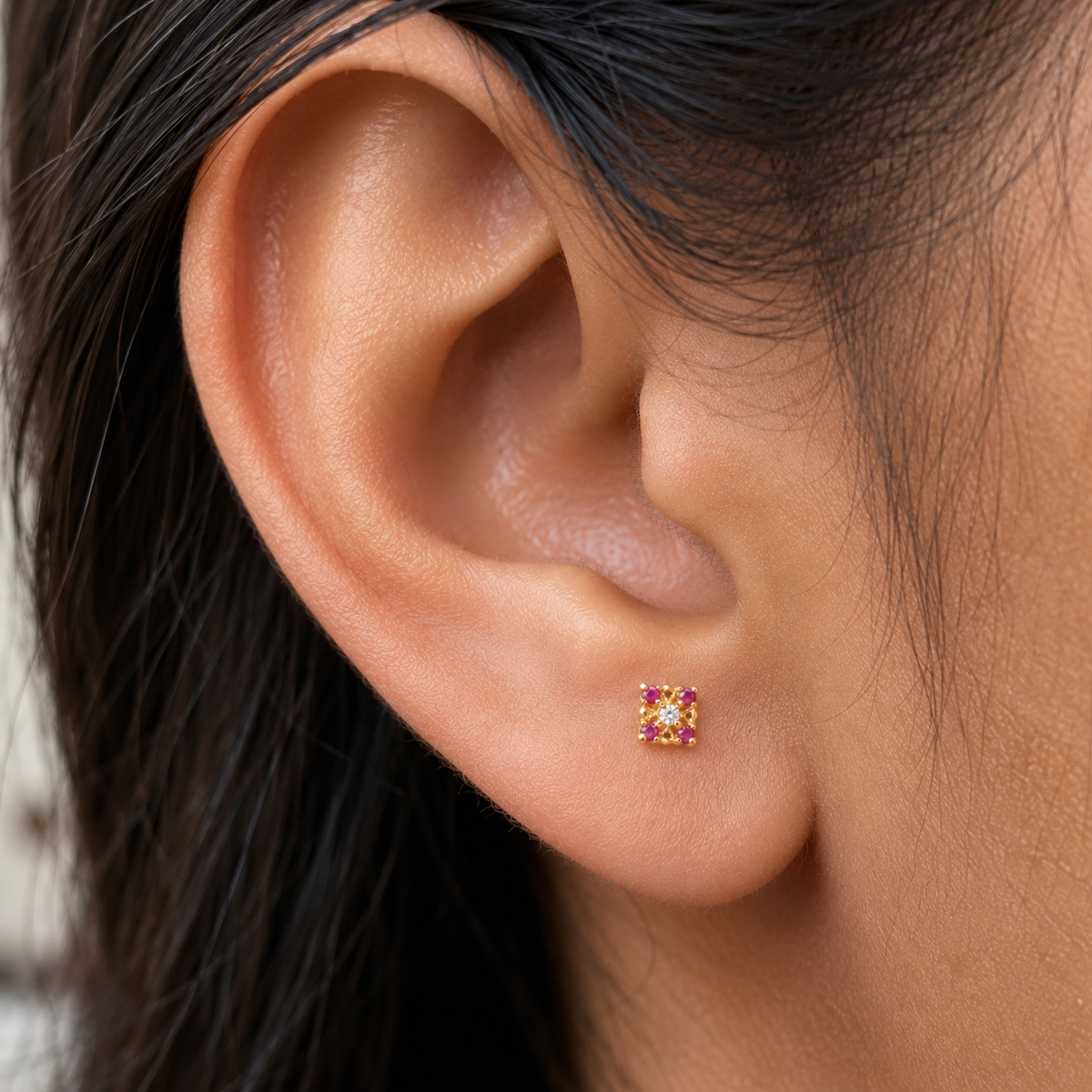 9K Gold Ruby Square Floral Second Stud Earrings