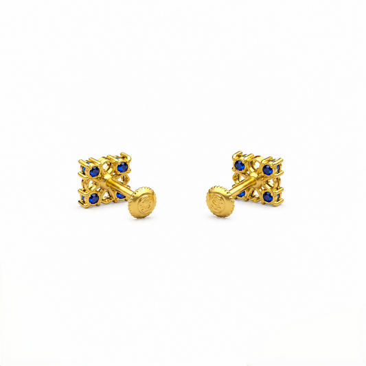 9K Gold Blue Stone Square Floral Second Stud Earrings